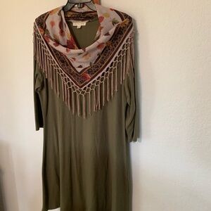 Cactus Olive Dress with Floral Fringe Scarf